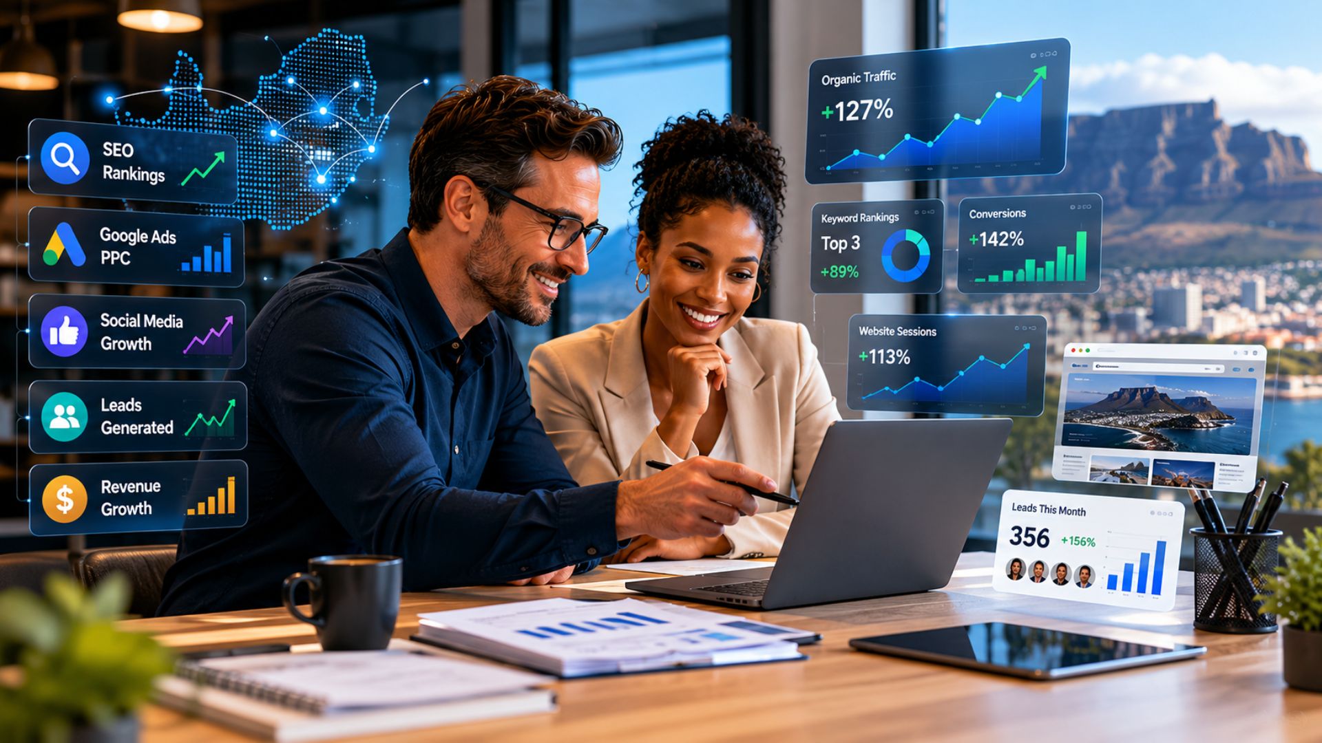 a confident South African business owner reviewing growth results with a digital marketing strategist in a contemporary office